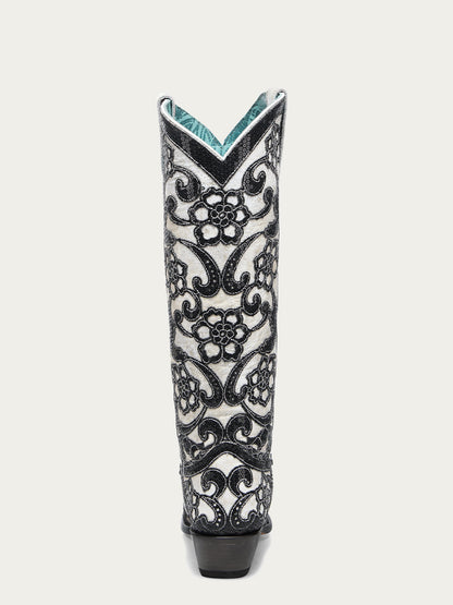 Women's Corral White Genuine Leather Boots with Overlay & SEQUIN-EMBROIDERY Floral Patterns Tall Top