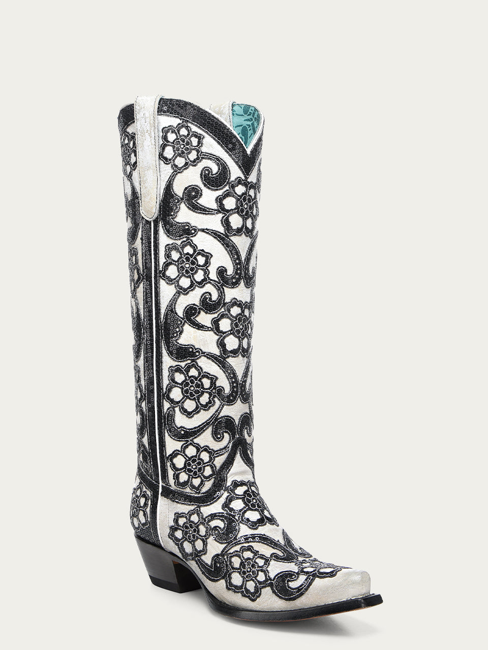 Women's Corral White Genuine Leather Boots with Overlay & SEQUIN-EMBROIDERY Floral Patterns Tall Top