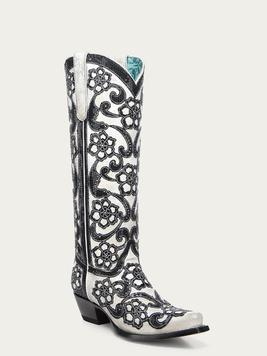 Women's Corral White Genuine Leather Boots with Overlay & SEQUIN-EMBROIDERY Floral Patterns Tall Top