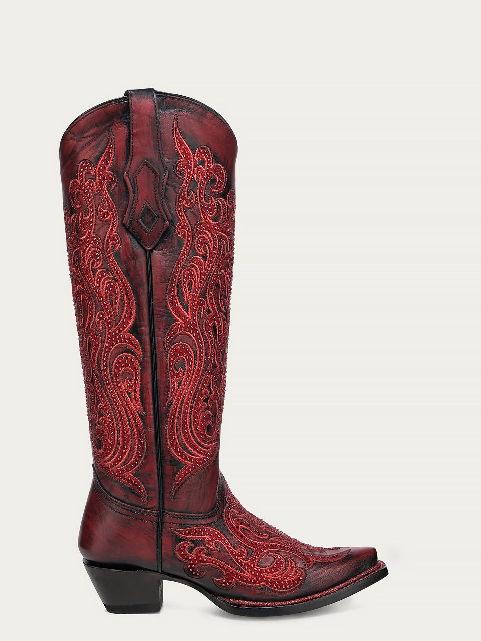 Women's Corral Red Genuine Leather Boots with Black Embroidery & Crystals Tall Top