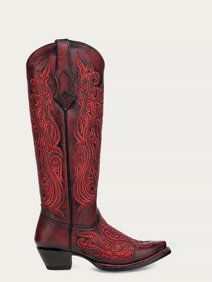 Women's Corral Red Genuine Leather Boots with Black Embroidery & Crystals Tall Top