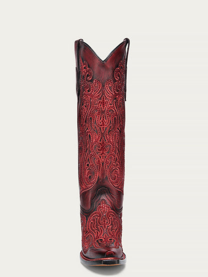 Women's Corral Red Genuine Leather Boots with Black Embroidery & Crystals Tall Top