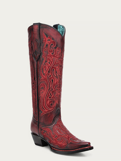 Women's Corral Red Genuine Leather Boots with Black Embroidery & Crystals Tall Top