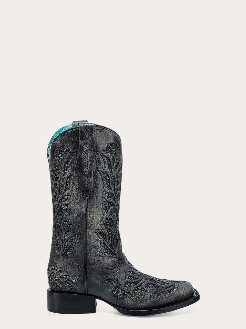 Women's Corral Black Genuine Leather Boots with Glitter Inlay & Embroidery