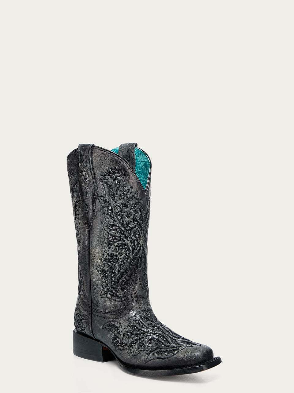 Women's Corral Black Genuine Leather Boots with Glitter Inlay & Embroidery