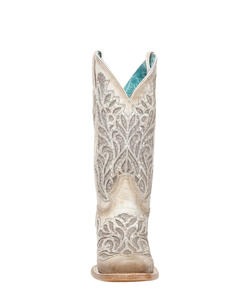 Women's Corral White Genuine Leather Boots with Glitter Inlay & Embroidery