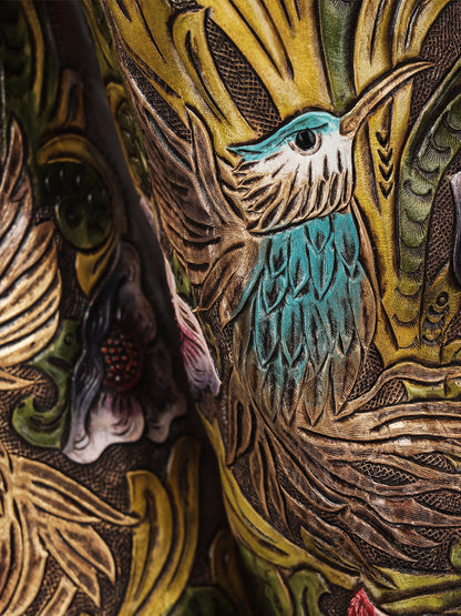 Women's Corral Brown Genuine Leather Boots with Hand Tooled & Hand Painted Hummingbird Tall Top