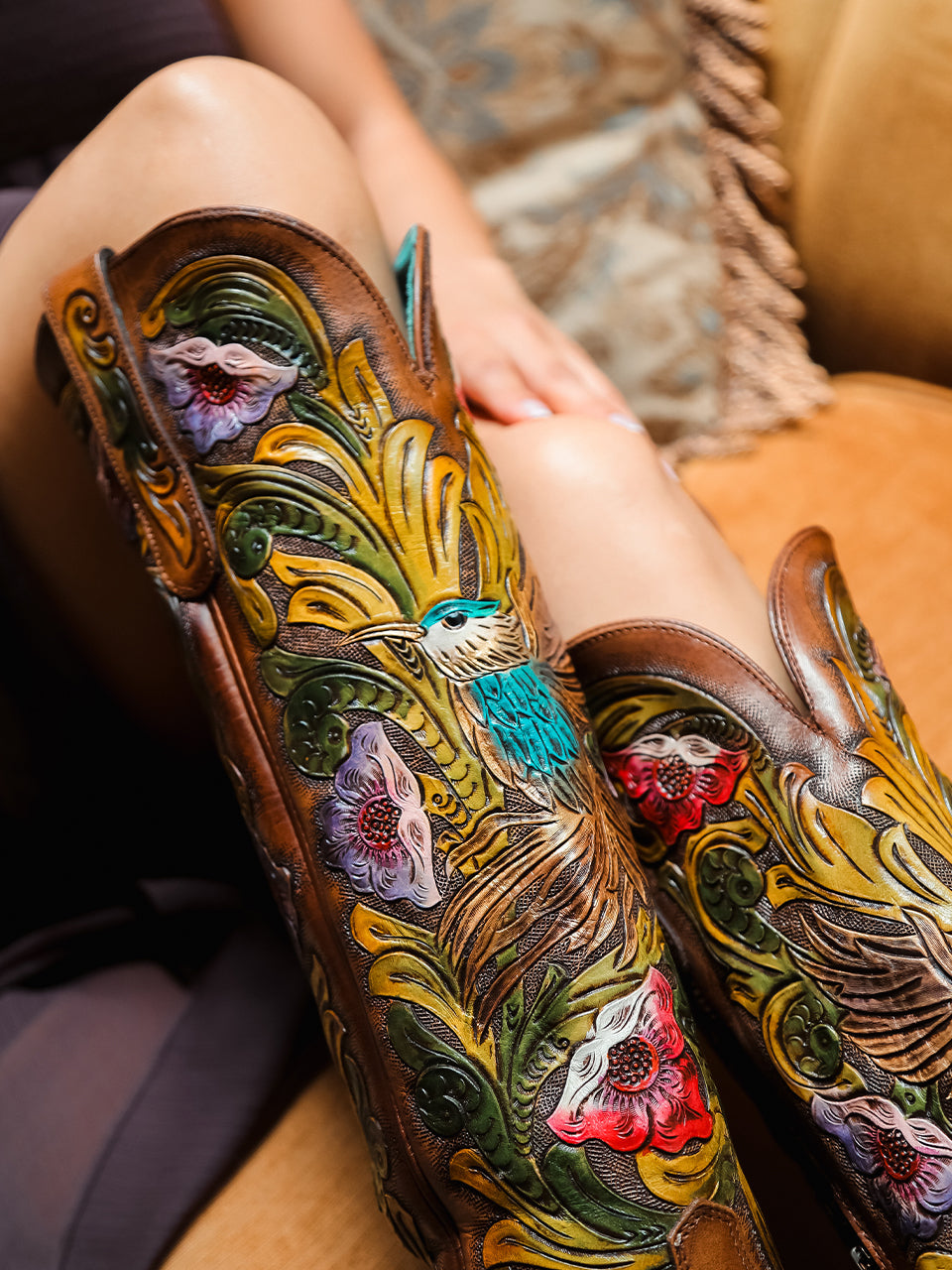 Women's Corral Brown Genuine Leather Boots with Hand Tooled & Hand Painted Hummingbird Tall Top