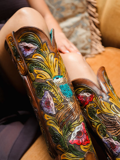 Women's Corral Brown Genuine Leather Boots with Hand Tooled & Hand Painted Hummingbird Tall Top