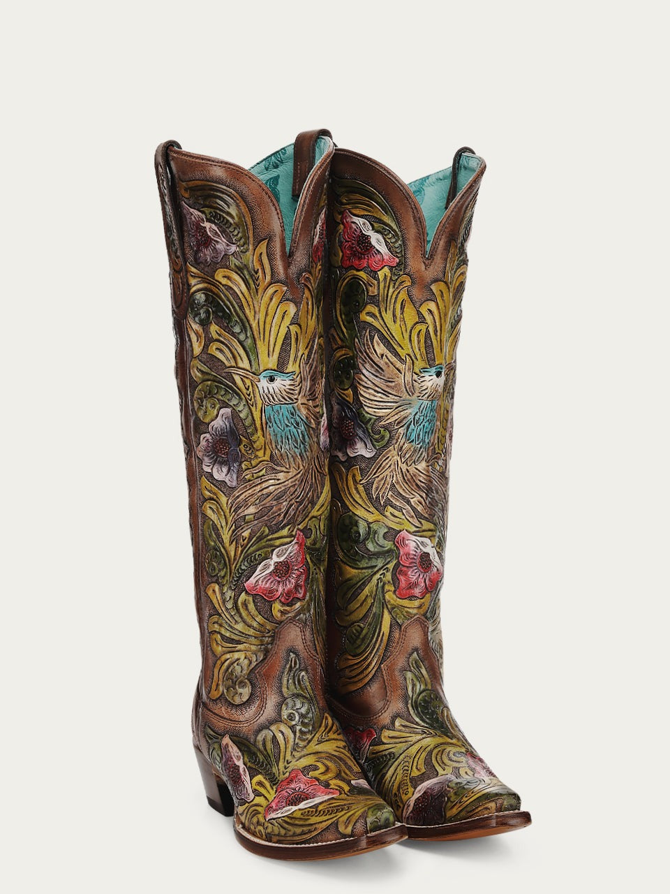 Women's Corral Brown Genuine Leather Boots with Hand Tooled & Hand Painted Hummingbird Tall Top