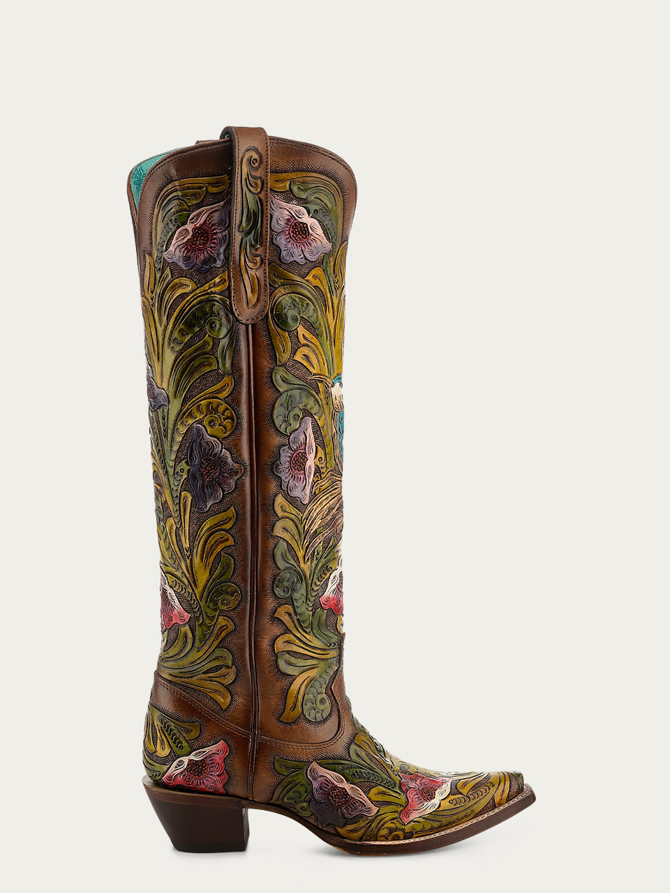 Women's Corral Brown Genuine Leather Boots with Hand Tooled & Hand Painted Hummingbird Tall Top