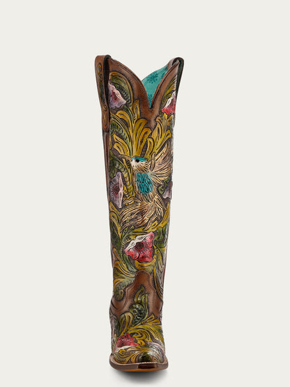 Women's Corral Brown Genuine Leather Boots with Hand Tooled & Hand Painted Hummingbird Tall Top