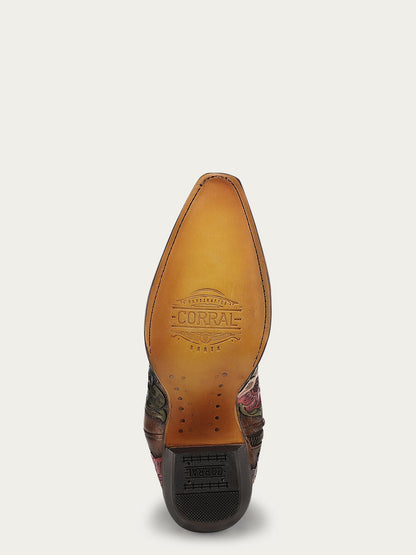 Women's Corral Brown Genuine Leather Boots with Hand Tooled & Hand Painted Hummingbird Tall Top