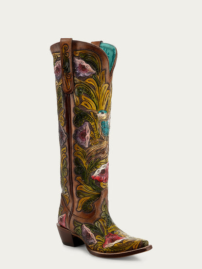 Women's Corral Brown Genuine Leather Boots with Hand Tooled & Hand Painted Hummingbird Tall Top