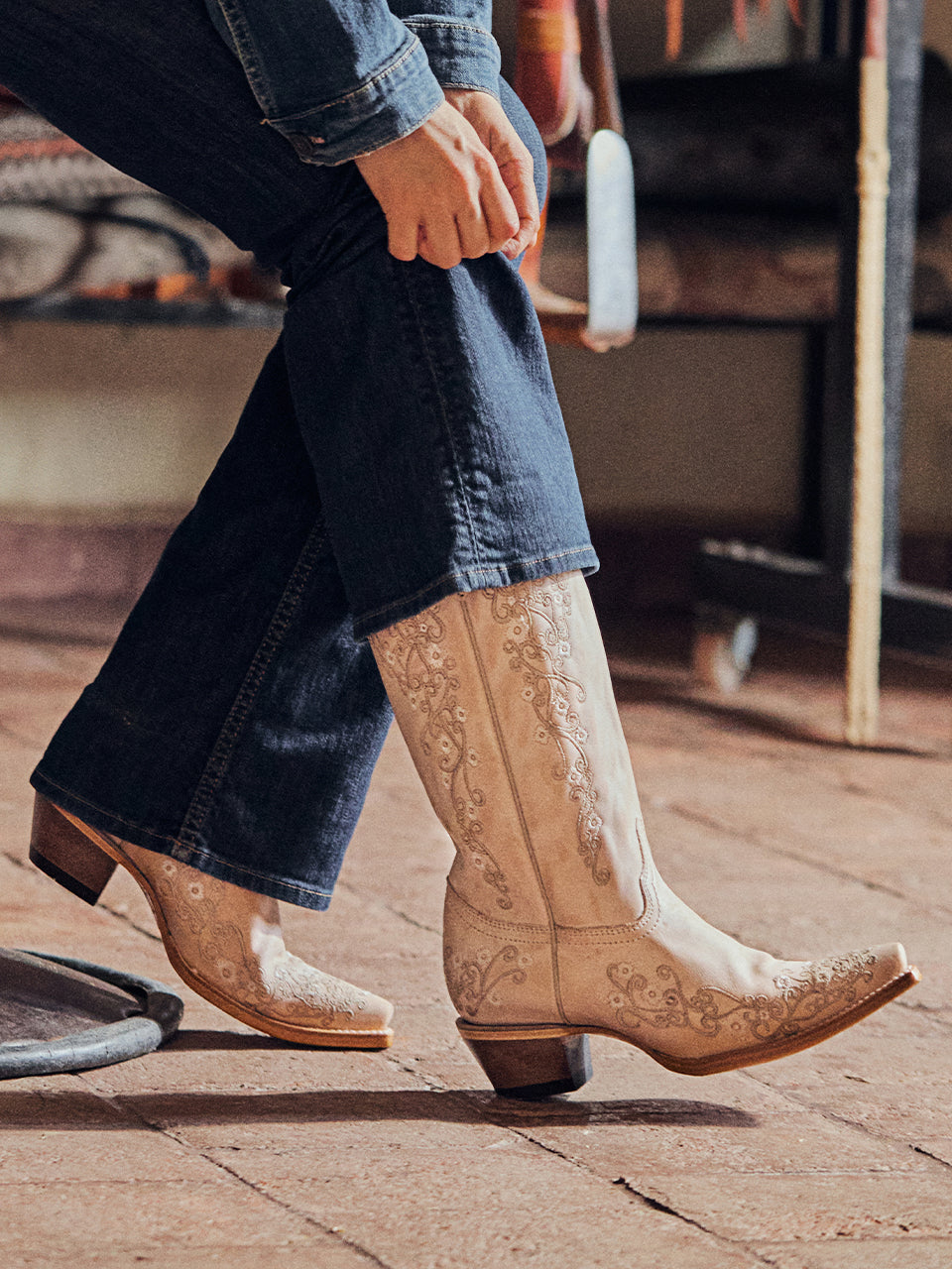 Women's Corral Sand Genuine Leather Boots with Floral Embroidery