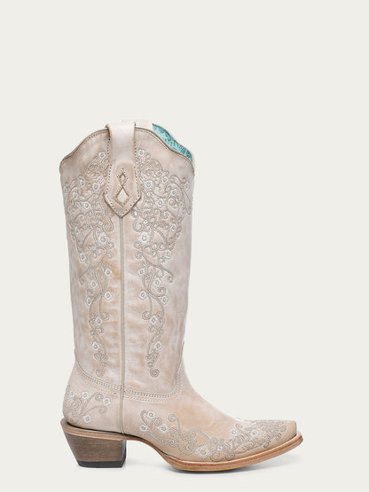 Women's Corral Sand Genuine Leather Boots with Floral Embroidery