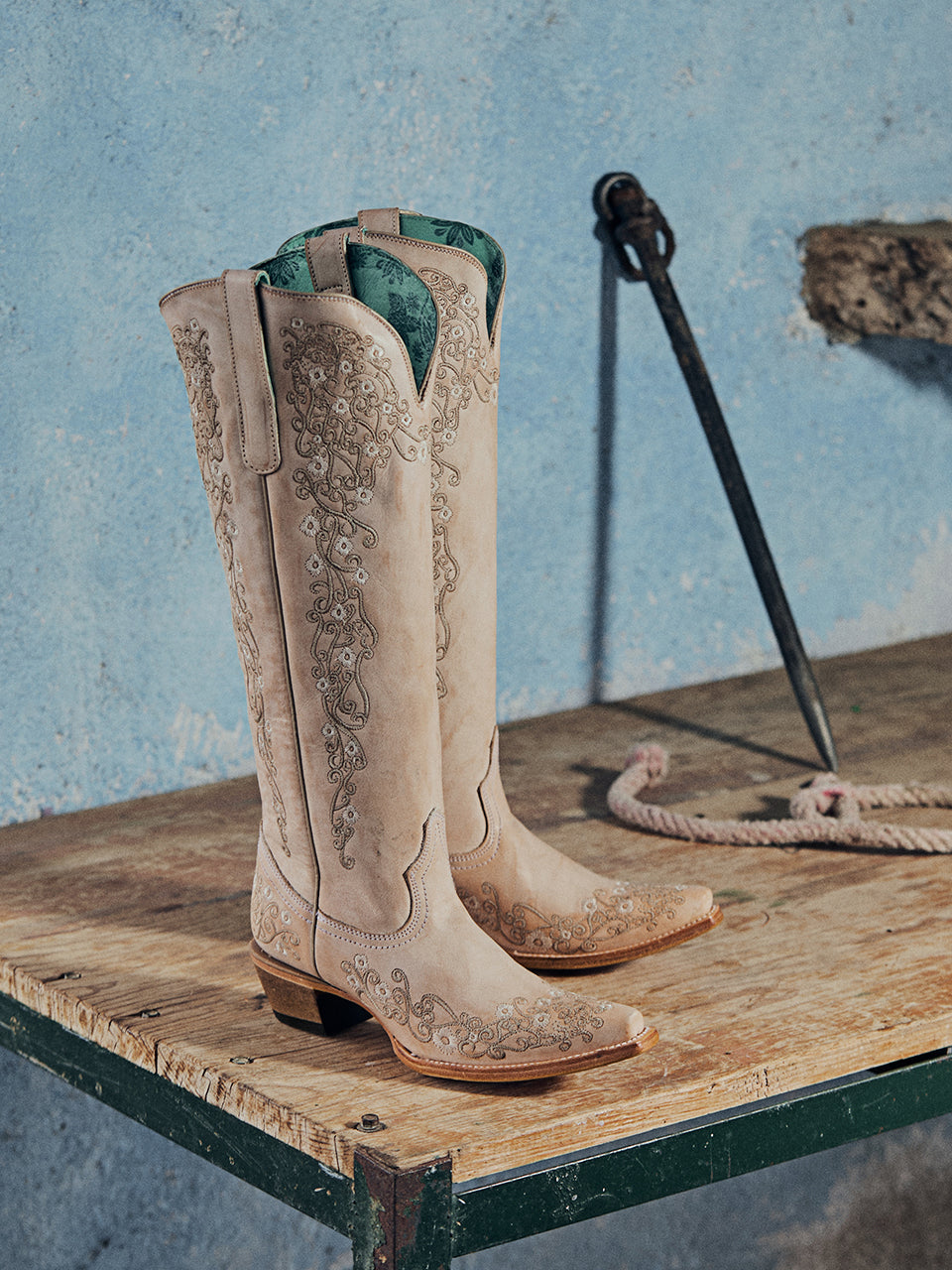 Women's Corral Sand Genuine Leather Boots with Floral Embroidery Tall Top