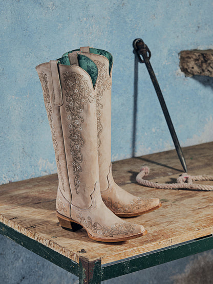 Women's Corral Sand Genuine Leather Boots with Floral Embroidery Tall Top