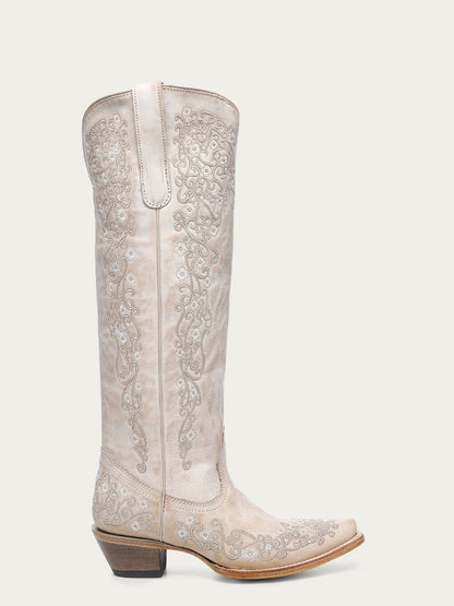 Women's Corral Sand Genuine Leather Boots with Floral Embroidery Tall Top