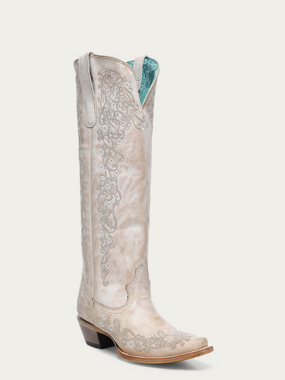 Women's Corral Sand Genuine Leather Boots with Floral Embroidery Tall Top