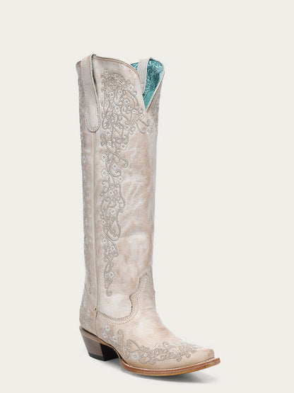 Women's Corral Sand Genuine Leather Boots with Floral Embroidery Tall Top