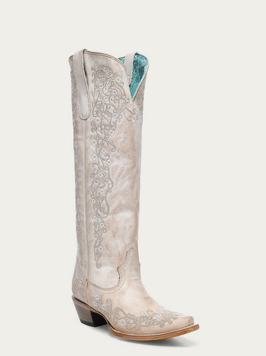 Women's Corral Sand Genuine Leather Boots with Floral Embroidery Tall Top