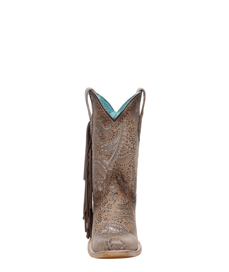Women's Corral Sand Genuine Leather Boots with Stamped Floral Suede & Fringe