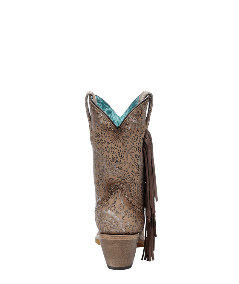 Women's Corral Sand Genuine Leather Boots with Stamped Floral Suede & Fringe