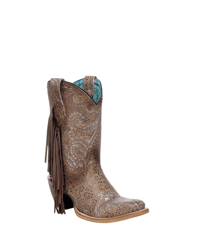 Women's Corral Sand Genuine Leather Boots with Stamped Floral Suede & Fringe