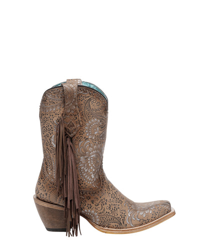 Women's Corral Sand Genuine Leather Boots with Stamped Floral Suede & Fringe