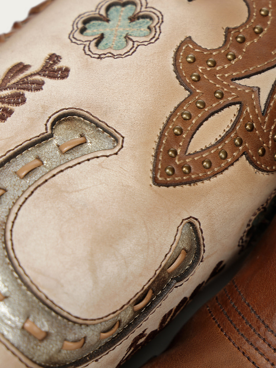 Women's Corral Honey Genuine Leather Boots with Horseshoe Overlay & Embroidery & Studs & Handwoven Tall Top
