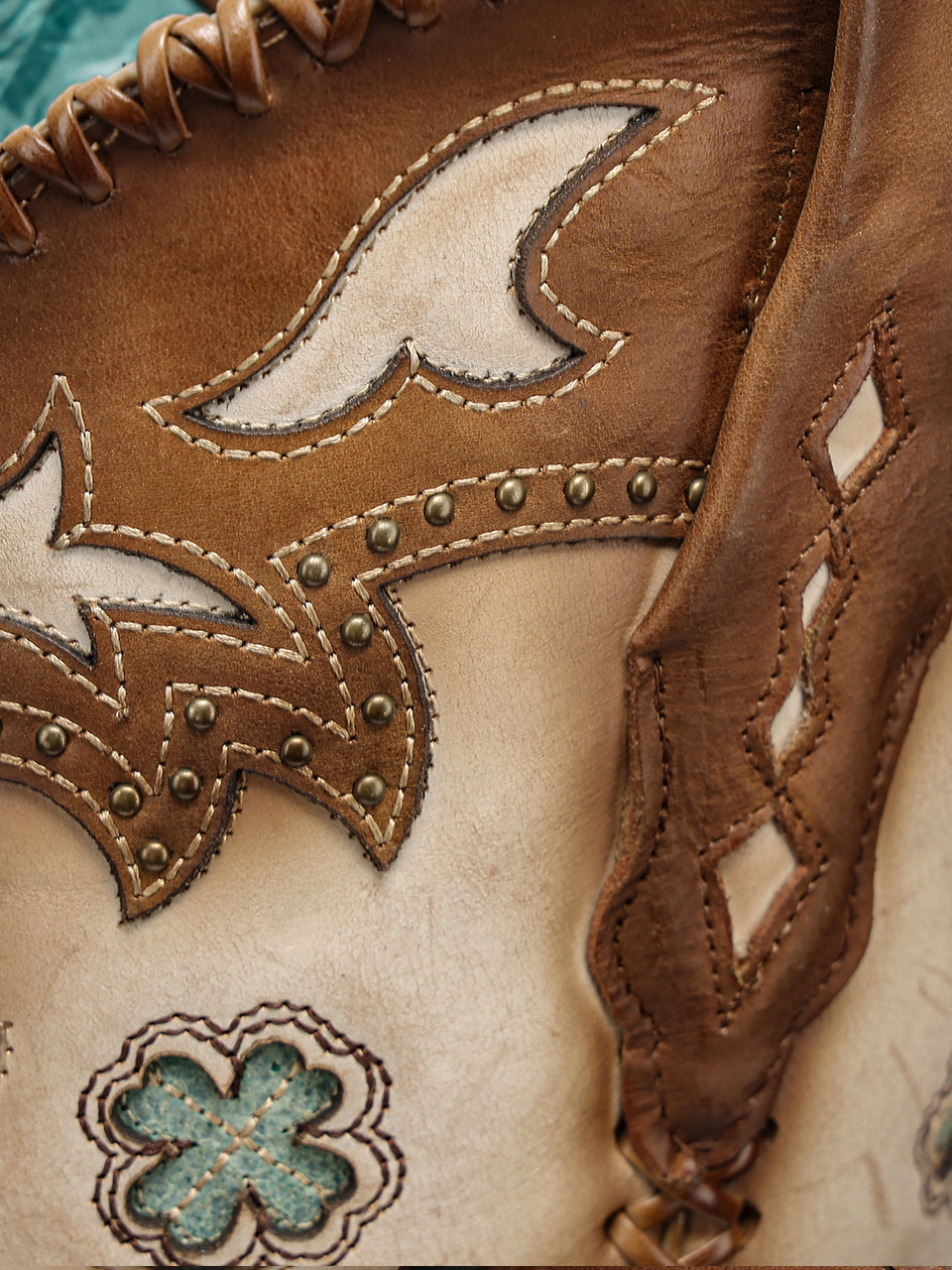 Women's Corral Honey Genuine Leather Boots with Horseshoe Overlay & Embroidery & Studs & Handwoven Tall Top