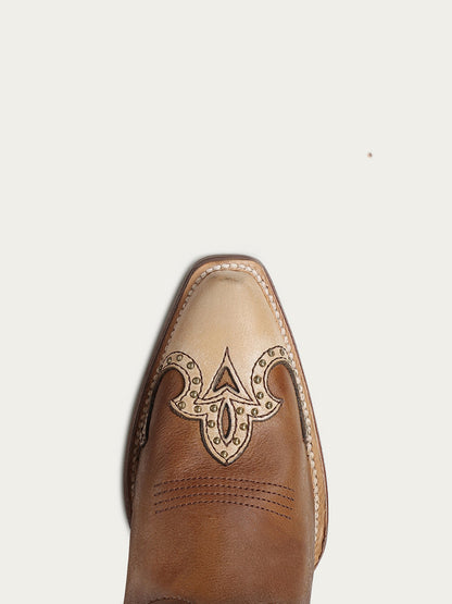 Women's Corral Honey Genuine Leather Boots with Horseshoe Overlay & Embroidery & Studs & Handwoven Tall Top