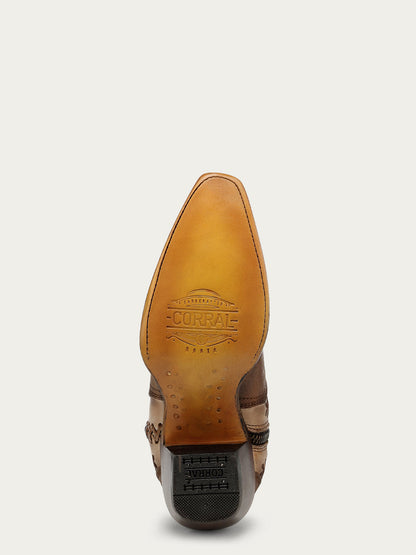 Women's Corral Honey Genuine Leather Boots with Horseshoe Overlay & Embroidery & Studs & Handwoven Tall Top
