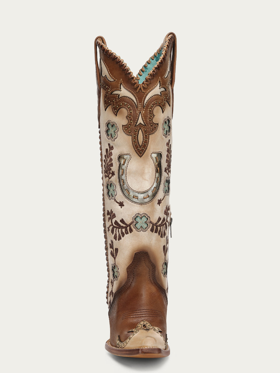 Women's Corral Honey Genuine Leather Boots with Horseshoe Overlay & Embroidery & Studs & Handwoven Tall Top