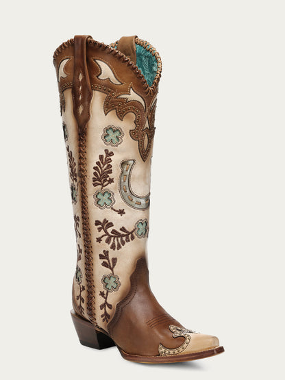 Women's Corral Honey Genuine Leather Boots with Horseshoe Overlay & Embroidery & Studs & Handwoven Tall Top