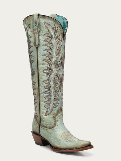 Women's Corral Turquoise Genuine Leather Boots with Embroidery & Metallic Welt Tall Top
