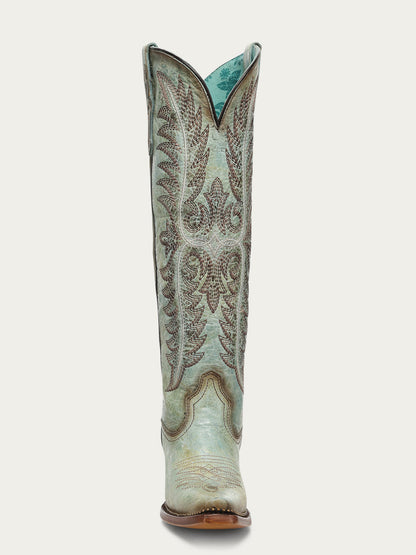 Women's Corral Turquoise Genuine Leather Boots with Embroidery & Metallic Welt Tall Top