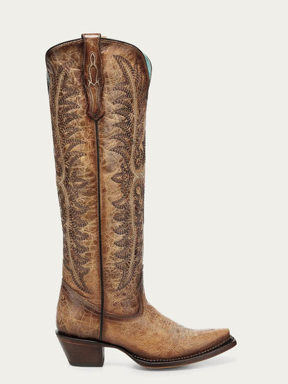 Women's Corral Sand Genuine Leather Boots with Embroidery & Metallic Welt Tall Top