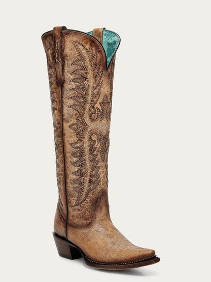 Women's Corral Sand Genuine Leather Boots with Embroidery & Metallic Welt Tall Top