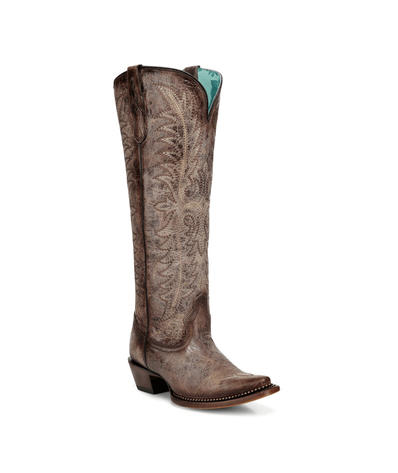 Women's Corral Tobacco Genuine Leather Boots with Embroidery & Metallic Welt Tall Top