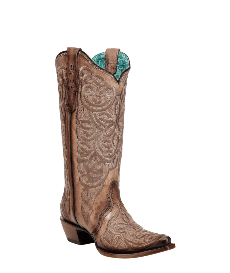 Women's Corral Nude Genuine Leather Boots with Flower Embroidery & Crystals