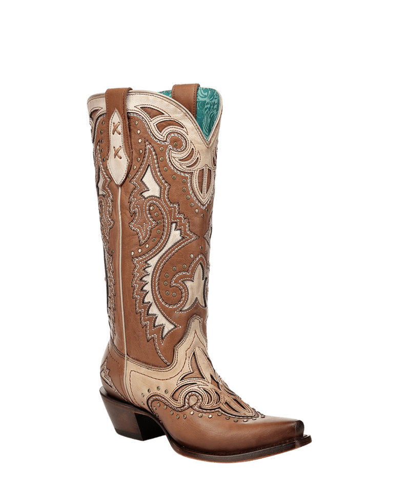 Women's Corral Honey Genuine Leather Boots with Overlay & Embroidery & Studs