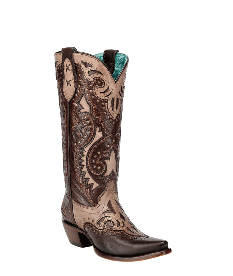 Women's Corral Brown Genuine Leather Boots with Overlay & Embroidery & Studs