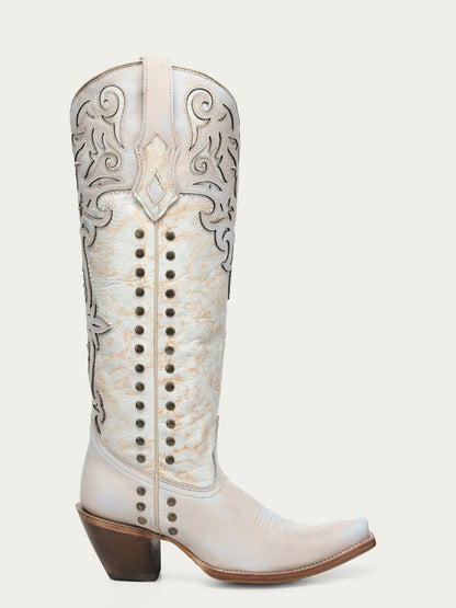 Women's Corral Blue Genuine Leather Boots with Bone Overlay & Embroidery & Studs Tall Top