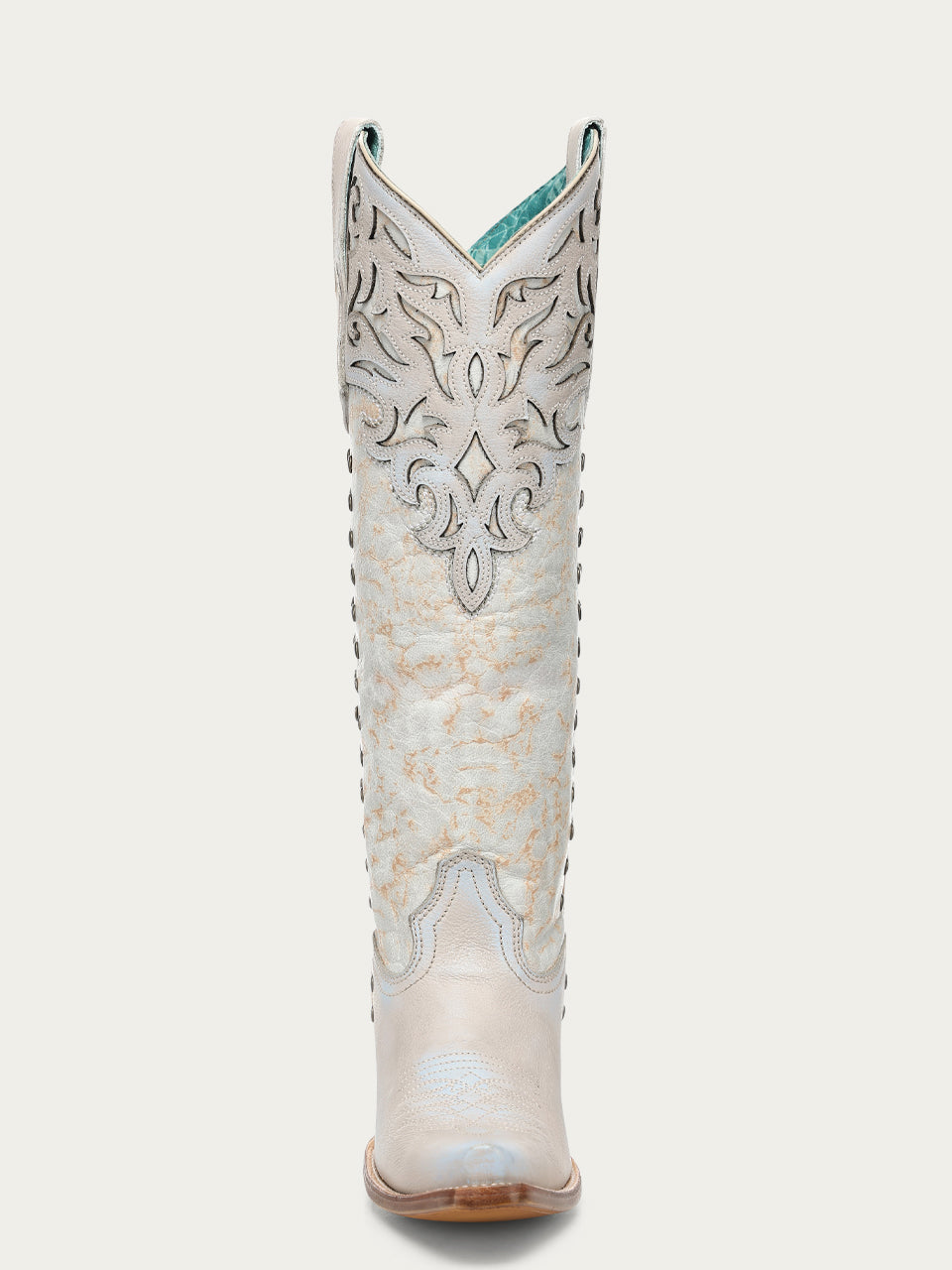 Women's Corral Blue Genuine Leather Boots with Bone Overlay & Embroidery & Studs Tall Top