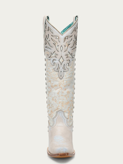 Women's Corral Blue Genuine Leather Boots with Bone Overlay & Embroidery & Studs Tall Top