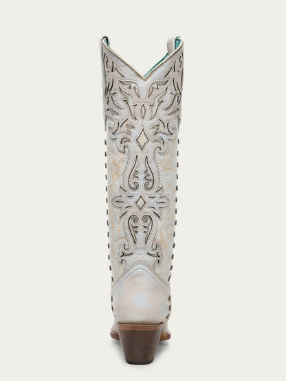 Women's Corral Blue Genuine Leather Boots with Bone Overlay & Embroidery & Studs Tall Top