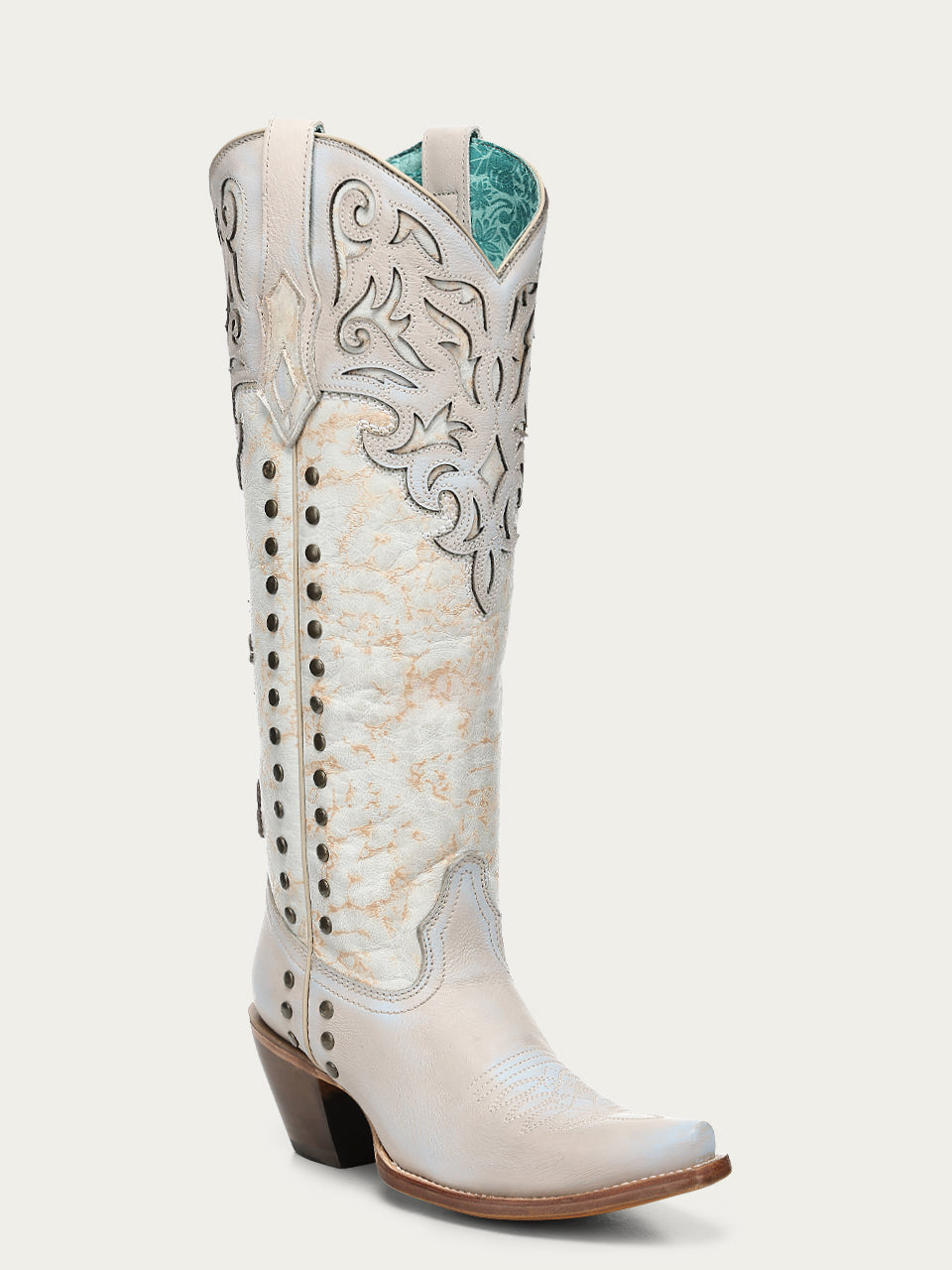 Women's Corral Blue Genuine Leather Boots with Bone Overlay & Embroidery & Studs Tall Top