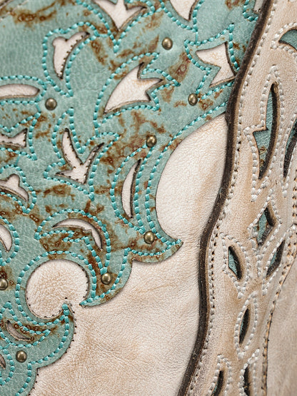 Women's Corral Sand Genuine Leather Boots with Overlay & Embroidery & Studs Tall Top